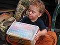 June 29, 2008 - Mendon, Massachusetts.<br />Matthew's 2nd birthday celebration.<br />Matthew meticulously opening one of his presents.