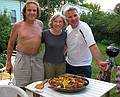 July 13, 2008 - Lawrence, Massachusetts.<br />The making of a Spanish paella (Time-Life: The Cooking of Spain and Portugal).<br />The chefs Paul, Joyce, and Jim behind their masterpiece.