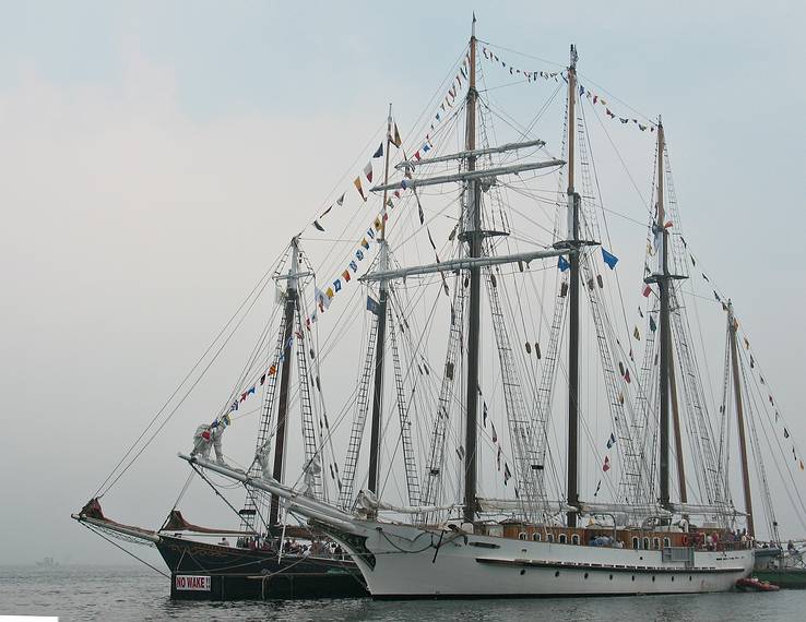 July 20, 2008 - Salisbury Beach State Reservation, Massachusetts.<br />The Mystic with the Essex built 137 foot long tall ship "Roseway" behind it.
