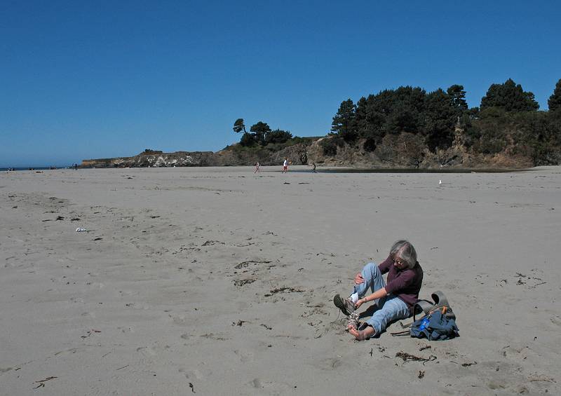 Sept. 1, 2008 - Mendocino Bay and Big River at Mendocino, California.<br />Joyce likes to get her toes in the sand.