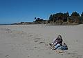 Sept. 1, 2008 - Mendocina Bay and Big River at Mendocino, California.<br />Joyce likes to get her toes in the sand.