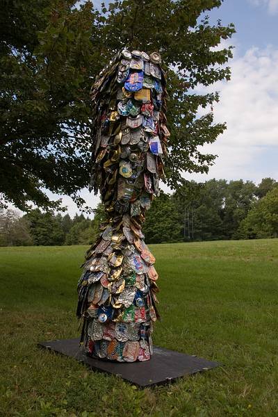 Sept. 13, 2008 - Maudslay State Park, Newburyport, Massachusetts.<br />Installation day of the 10th aniversary Outdoor Sculpture Show.<br />Bonnie Jean Malcolm's "Variations on Roman Numeral X",<br />wood, chicken wire, staples, road-flattened aluminum cans.