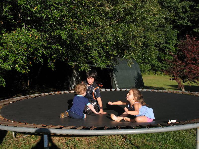 Sept. 20, 2008 - At Tom and Kim's in South Hampton, New Hampshire.<br />Celebrating Eric's birthday and to wish him and Gujn a good trip back home to Iceland.<br />Matthew, Gujn, and Miranda on the trampoline.