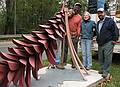October 24, 2008 - Charlottesville, Virginia.<br />Installing 'Strobus' on the median of 5th Street SW along Tonsler Park.<br />Elizabeth, Joyce, and the crew posing with the installed sculpture.