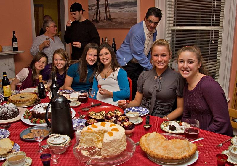 Nov. 27, 2008 - At Paul and Norma's in Tewksbury, Massachusetts.<br />Thanksgiving dinner.<br />The Tom and Kim crew has arrived for dessert: Hannah and Jessi, Laura and Arianna, Priscilla and Marissa.<br />Norma, TJ, and David in back.