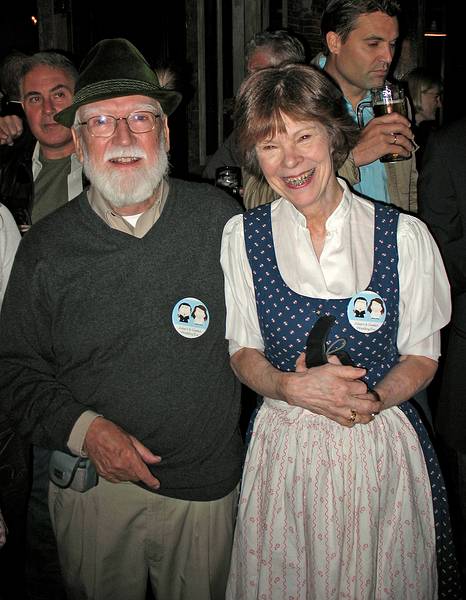 October 17, 2008 - Radegast Beer Hall, Williamsburg, Brooklyn, New York.<br />Julian and Gisela's Wedding Eve.<br />Egils (Julian's uncle/Baiba's brother) with Tyrolean hat and Ingrid (Julian's friend from Madrid)<br />in a dirndl in honor of Gisela's Austrian background.