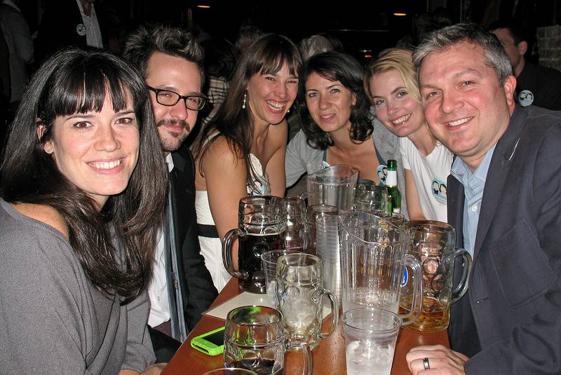 October 17, 2008 - Radegast Beer Hall, Williamsburg, Brooklyn, New York.<br />Julian and Gisela's Wedding Eve.<br />Kristina (friend, best lady), Tim (friend), Gisela, Alexia (friend). Rain. and John.