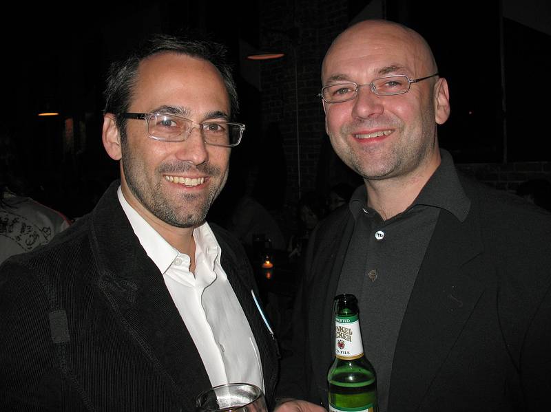 October 17, 2008 - Radegast Beer Hall, Williamsburg, Brooklyn, New York.<br />Julian and Gisela's Wedding Eve.<br />Julian and Jim (friend and Cynthia's husband)
