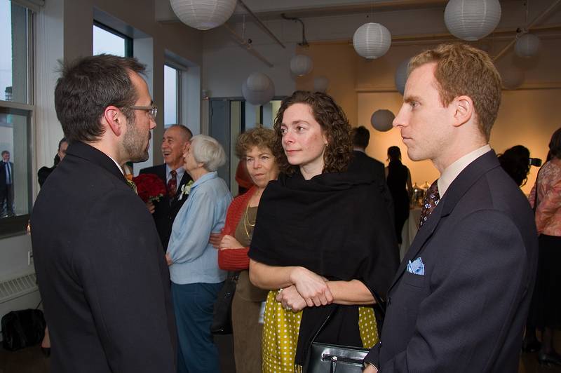 October 18, 2008 - Julian and Gisela's wedding, Brooklyn, New York.<br />Julian talking to Fran, Lisa, and Brad.