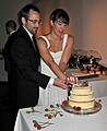 October 18, 2008 - Julian and Gisela's wedding, Brooklyn, New York.<br />Julian and Gisela cutting the New York style cheesecake.
