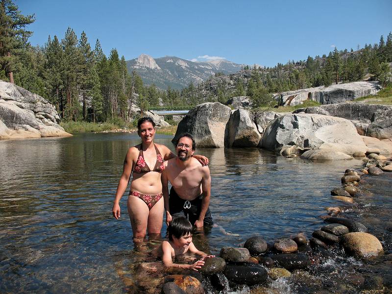 Sept. 5, 2008 - Day before Melody's and Sati's wedding at Mono Hot Springs, California.<br />Melody, Gujn, and Eric in the South Fork of San Juaquin River.