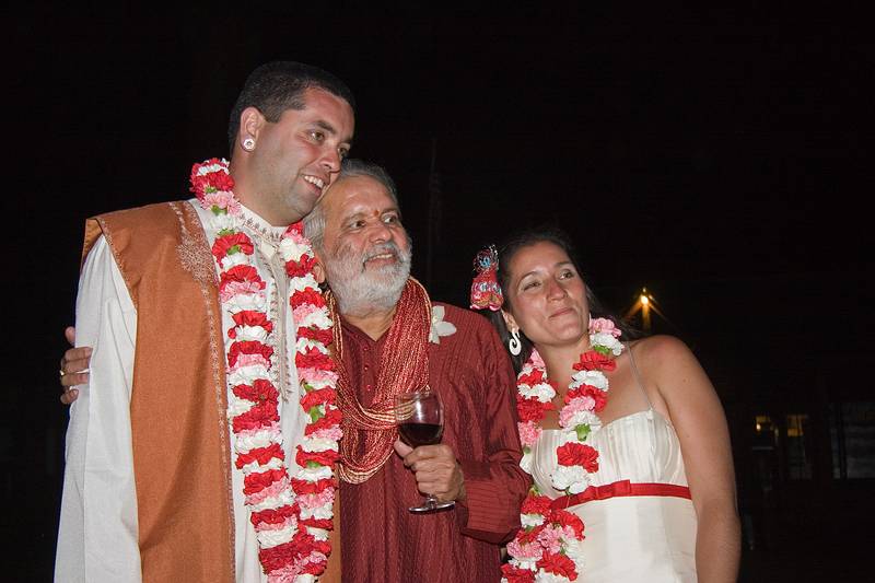 Sept. 6, 2008 - Melody's and Sati's Wedding at Mono Hot Springs, California.<br />Sati, Suman, and Melody posing for someone's camera.
