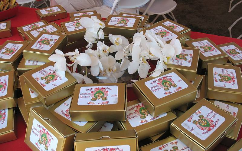 Sept. 7, 2008 - The day after Melody's and Sati's wedding at Mono Hot Springs, California.<br />Indian brunch courtesy of Suman and Sargam.<br />Gift boxes of Indian sweets for each of the wedding guests.<br />The box reads: "shubha vivah; Sati - Melody (Ragini); auspicious wedding".