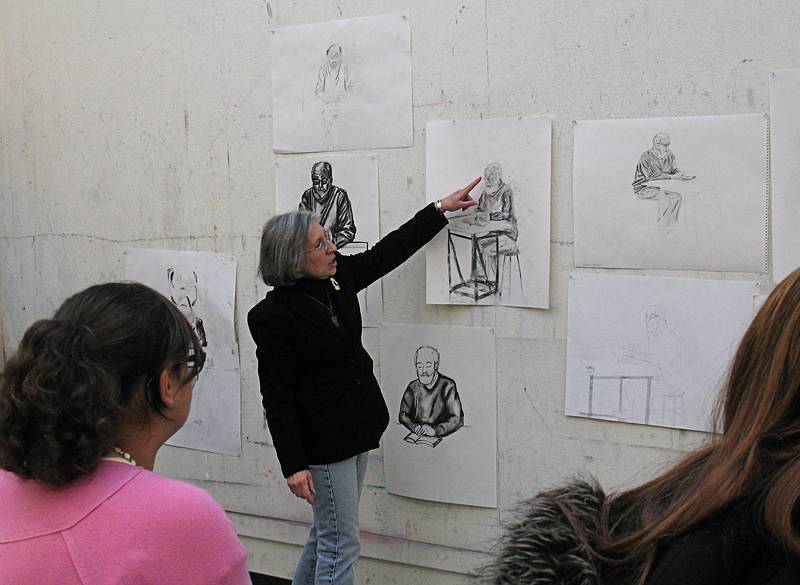 Feb. 25, 2009 - Middlesex Community College, Lowell, Massachusetts.<br />Joyce commenting on her students' drawings of me.