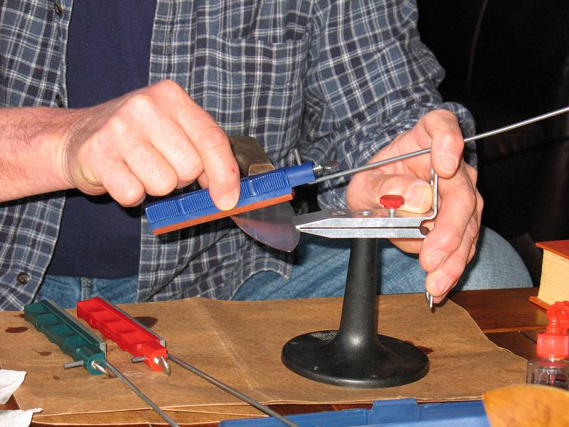 April 5, 2009 - At Bill and Carol's log cabin in Campton, New Hampshire.<br />The Lansky sharpening system in action.