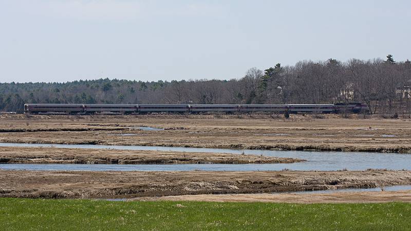April 25, 2009 - Old Town Hill (Trustees of Reservations), Newbury, Massachusetts.<br />Commuter train heading for Newburyport.