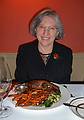May 14, 2009 - Woodstock, Vermont.<br />At 'The Prince and the Pauper" restaurant.<br />Joyce with her 'Wood Smoked Pork Rib Chop', which was excellent.