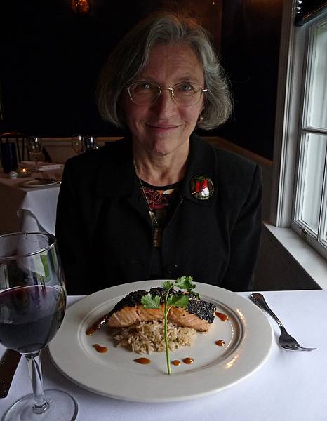 May 15, 2009 - Woodstock, Vermont.<br />Dinner at the Mangowood Restaurant in the Lincoln Inn.<br />Joyce with one of Teresa Tan's salmon creations.