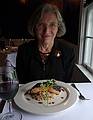 May 15, 2009 - Woodstock, Vermont.<br />Dinner at the Mangowood Restaurant in the Lincoln Inn.<br />Joyce with one of Teresa Tan's salmon creations.
