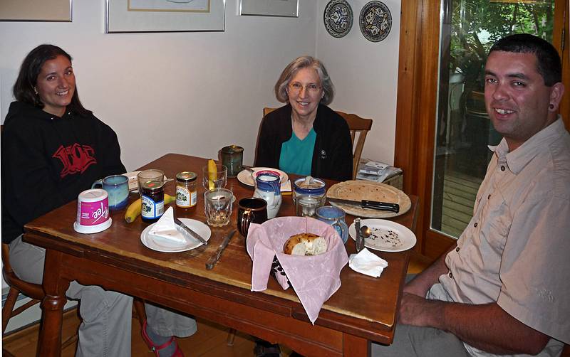 May 23, 2009 - Merrimac, Massachusetts.<br />Melody and Sati at breakfast after a red eye special flight from San Francisco<br />and Joyce, who got up at four a.m. to pick them up.