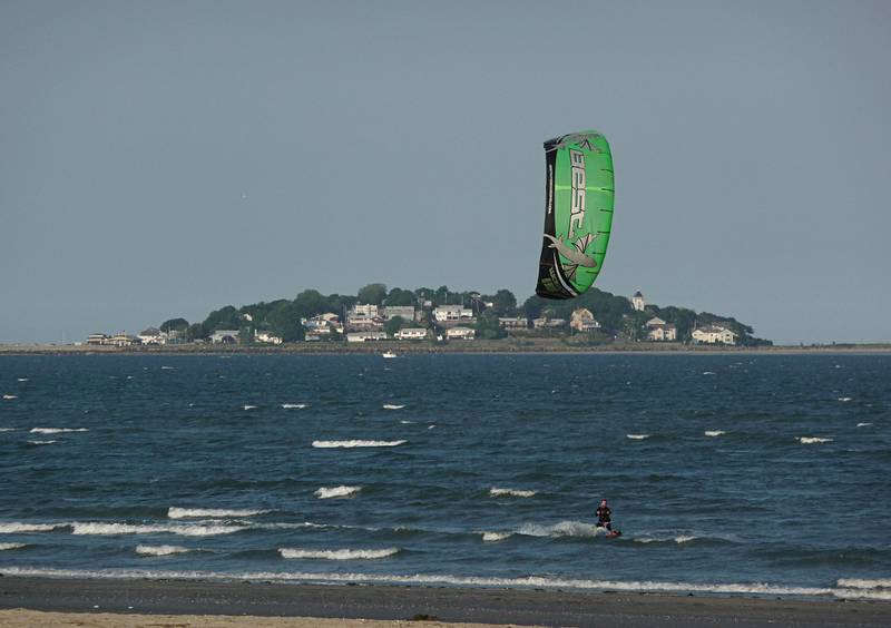 June 6, 2009 - At Frances' in Revere, Massachusetts.<br />Parasurfing off Revere Beach with Nahant in the background.