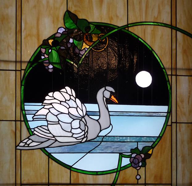 June 7, 2009 - Portsmouth, New Hampshire.<br />Stained glass window at The Library Restaurant.