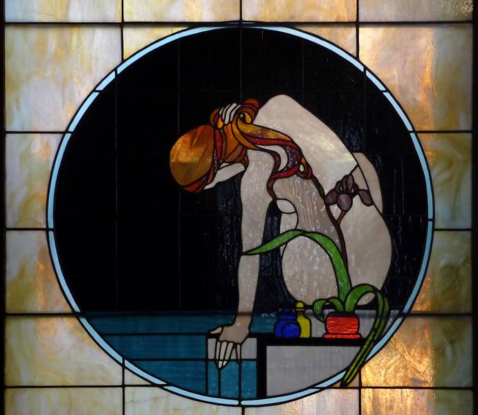 June 7, 2009 - Portsmouth, New Hampshire.<br />Stained glass window in The Library Restaurant.