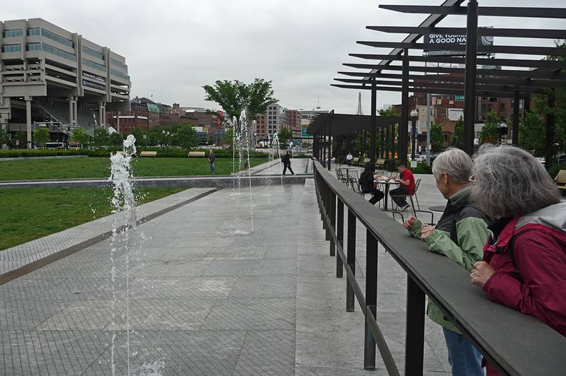June 10, 2009 - Boston, Massachusetts.<br />The Greenway at Hanover Street.<br />Baiba and Joyce watching the fountain.