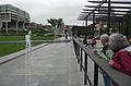 June 10, 2009 - Boston, Massachusetts.<br />The Greenway at Hanover Street.<br />Baiba and Joyce watching the fountain.