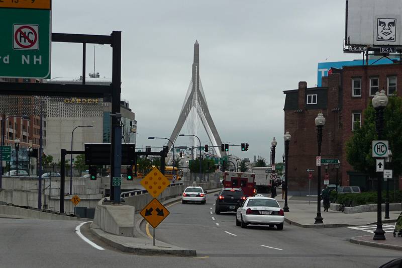 June 10, 2009 - Boston, Massachusetts.<br />The end of the Greenway at Sudbury Street.<br />Zakim Bridge in the distance.