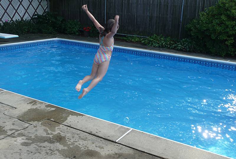 August 25, 2009 - At Marie's resort in Lawrence, Massachusetts.<br />Miranda's first dives into the deep end.