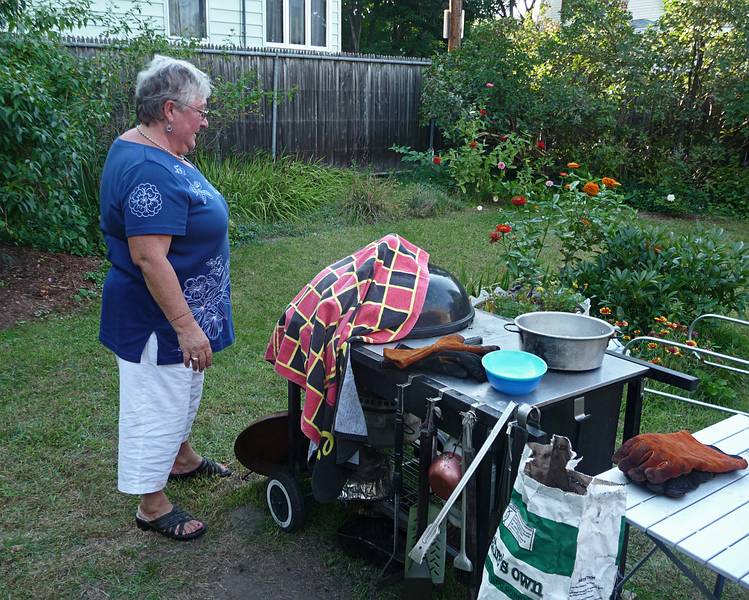Sept 7, 2009 - At Marie's resort in Lawrence, Massachusetts.<br />Celebrating Paul L's retirement.<br />Norma warming up the towel for Paul L.