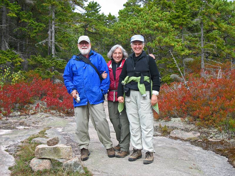 Sept. 25, 2009 - Gorham Mountain Trail, Acadia National Park, Maine.<br />Egils, Joyce, and Deb.<br />At our feet is a Bates cairn which he introduced to Acadia more than 100 years ago.
