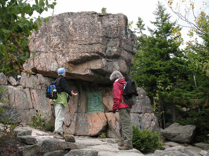 Sept. 25, 2009 - Gorham Mountain Trail, Acadia National Park, Maine.<br />Deb and Joyce reading a plaque in memory of Waldron Bates, the cairn developer.