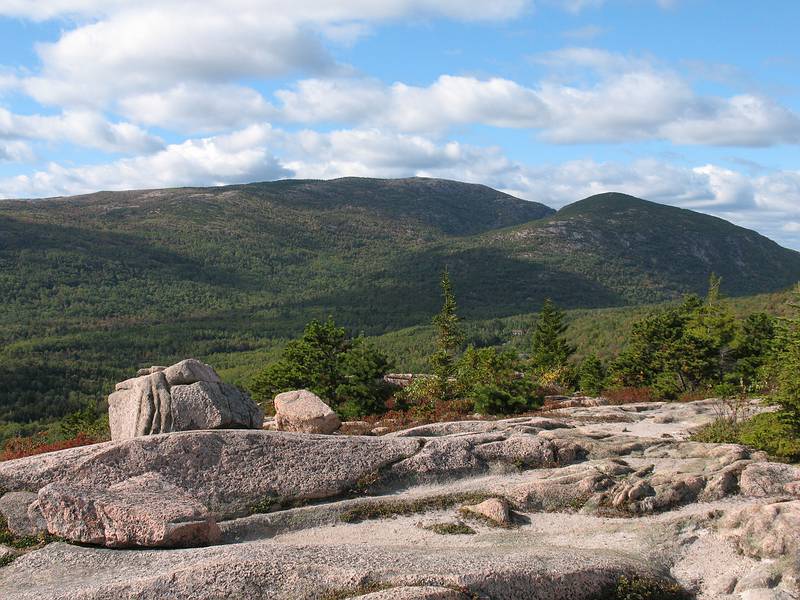 Sept. 25, 2009 - Gorham Mountain Trail, Acadia National Park, Maine.<br />Cadillac Mountain on the horizon with Dorr Mountain in front of it.