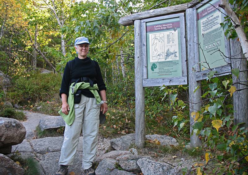 Sept. 26, 2009 - Acadia National Park, Maine.<br />Deb at end of our hike at trailhead for Cadillac Mountain North Ridge Trail.