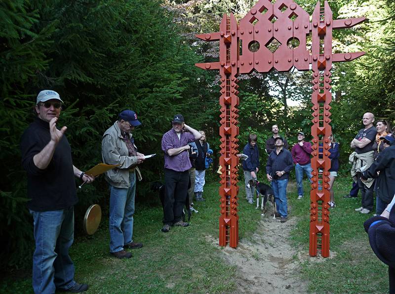 Sept. 19, 2009 - Outdoor Sculpture at Maudslay State Park, Newburyport, Massachusetts.<br />David Davies, 'Portal', wood, paint.<br />David talking about his sculpture.