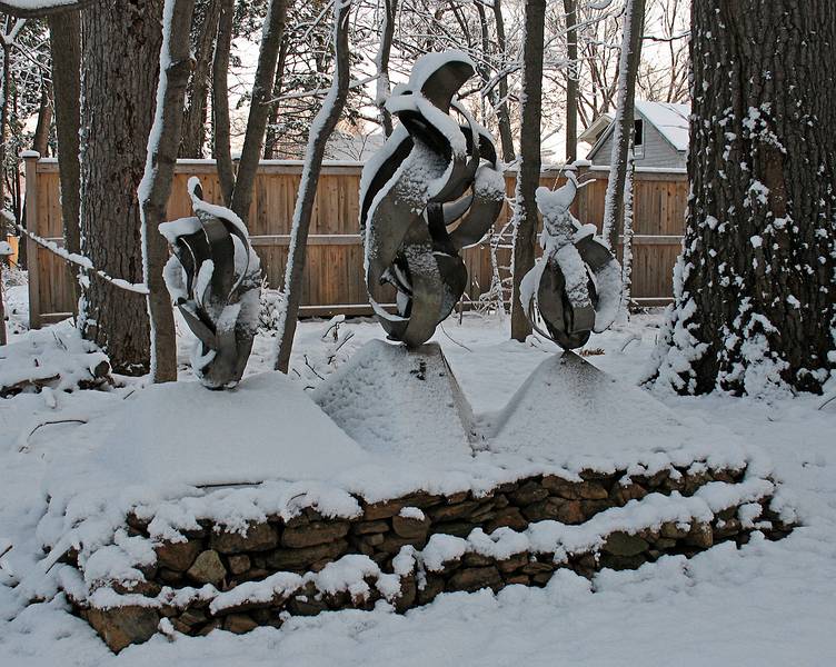 Dec. 6, 2009 - Merrimac, Massachusetts.<br />First snow of the season that accumulated (about a couple of inches).<br />Joyce's sculpture "Kinetic Forces Uplifted".
