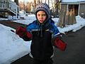 Dec. 24, 2009 - Merrimac, Massachusetts.<br />Matthew bundled up in Joyce's hat and her Melmo mittens.