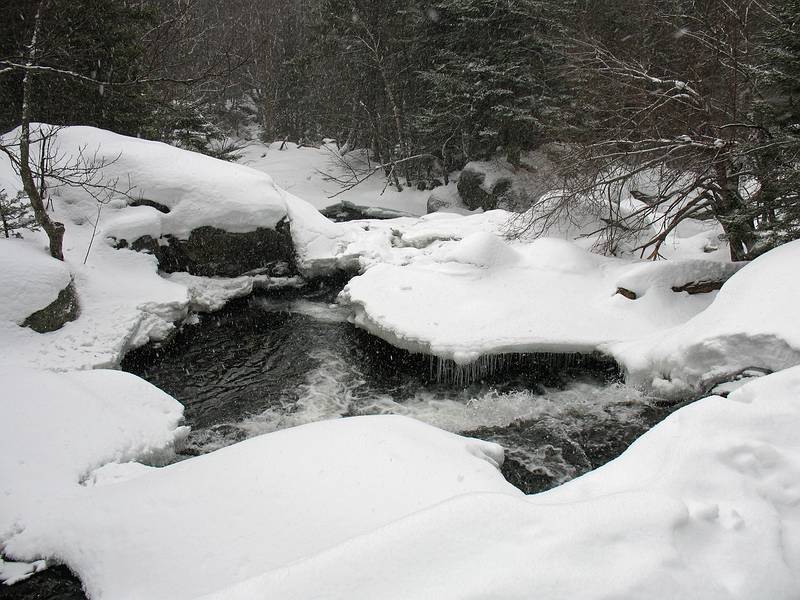 Dec. 28, 2009 - Tuckerman Ravine Trail, Pinkham Notch, New Hampshire.<br />Downstream view of Cutler River from bridge near start of trail.