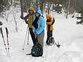 Dec. 28, 2009 - Tuckerman Ravine Trail, Pinkham Notch, New Hampshire.<br />Sati, Melody, and Joyce on bridge over Cutler River near start of the trail.