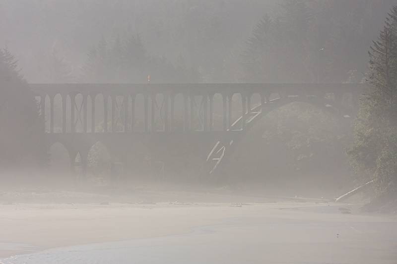July 28, 2009 - Heceta Head, Oregon.<br />Cape Creek Bridge in early morning fog.