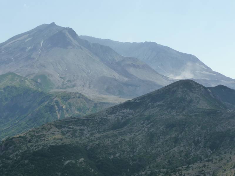 July 29, 2009 - East approach (NFD 99 Rd) to Mount Saint Helens, Washington.<br />Steam is rising from the caldera.
