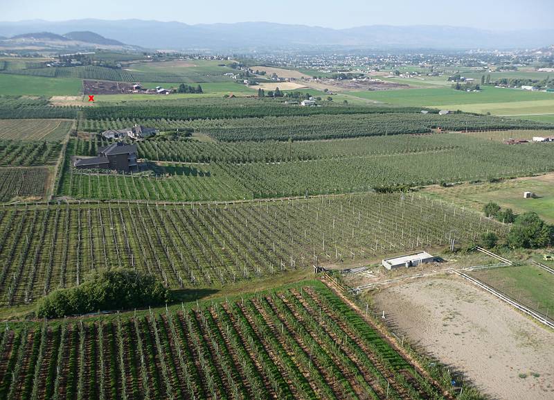August 1, 2009 - Ballooning in Kelowna, British Columbia, Canada.<br />The red X marks our landing spot, although at the time the photo was taken we could not predict it.
