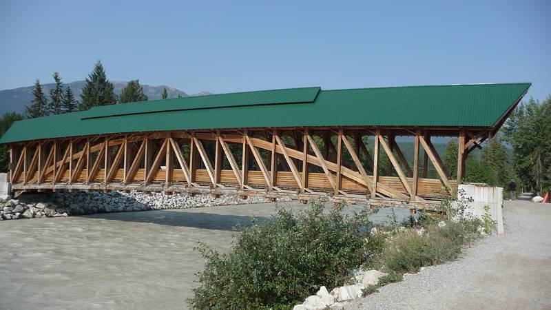 August 2, 2009 - Golden, British Columbia, Canada.<br />Kicking Horse pedestrian bridge.<br />It is the longest timber frame clear span (150 feet) pedestrian bridge in Canada.