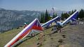 August 2, 2009 - Atop Mount Seven near Golden, British Columbia, Canada.<br />Hang gliders and paragliders wating for the right conditions to launch.