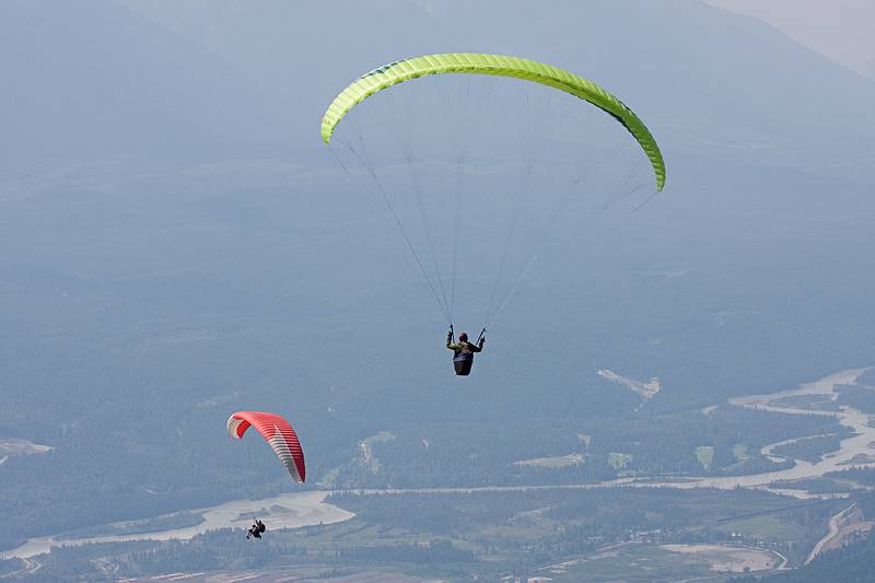 August 2, 2009 - Atop Mount Seven near Golden, British Columbia, Canada.<br />The more experience pilots were enjoying the strong thermals that developed.