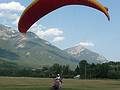 August 2, 2009 - Back at the Golden Eco-Adventure Ranch, Nicholson, British Columbia, Canada.<br />A tandem paraglider coming in for a landing.