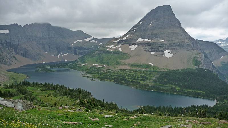 August 7, 2009 - Glacier National Park, Montana.<br />Hiking on Hidden Lake Trail above Logan Pass.<br />Hidden Lake with Bearhat Mountain (8684 ft/2647 m).