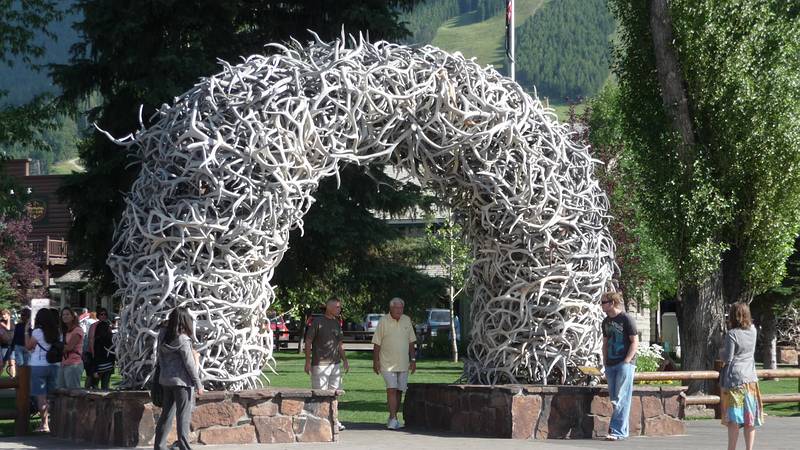 August 10, 2009 - Jackson, Wyoming.<br />Gate made of elk antlers.